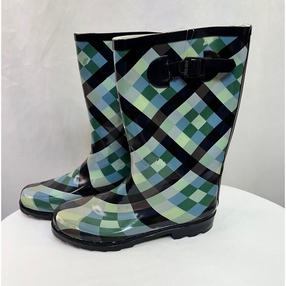 Rain Boots Women's US Size 9 Bull On Tall Blue Green Synthetic New With Defects - Picture 1 of 13